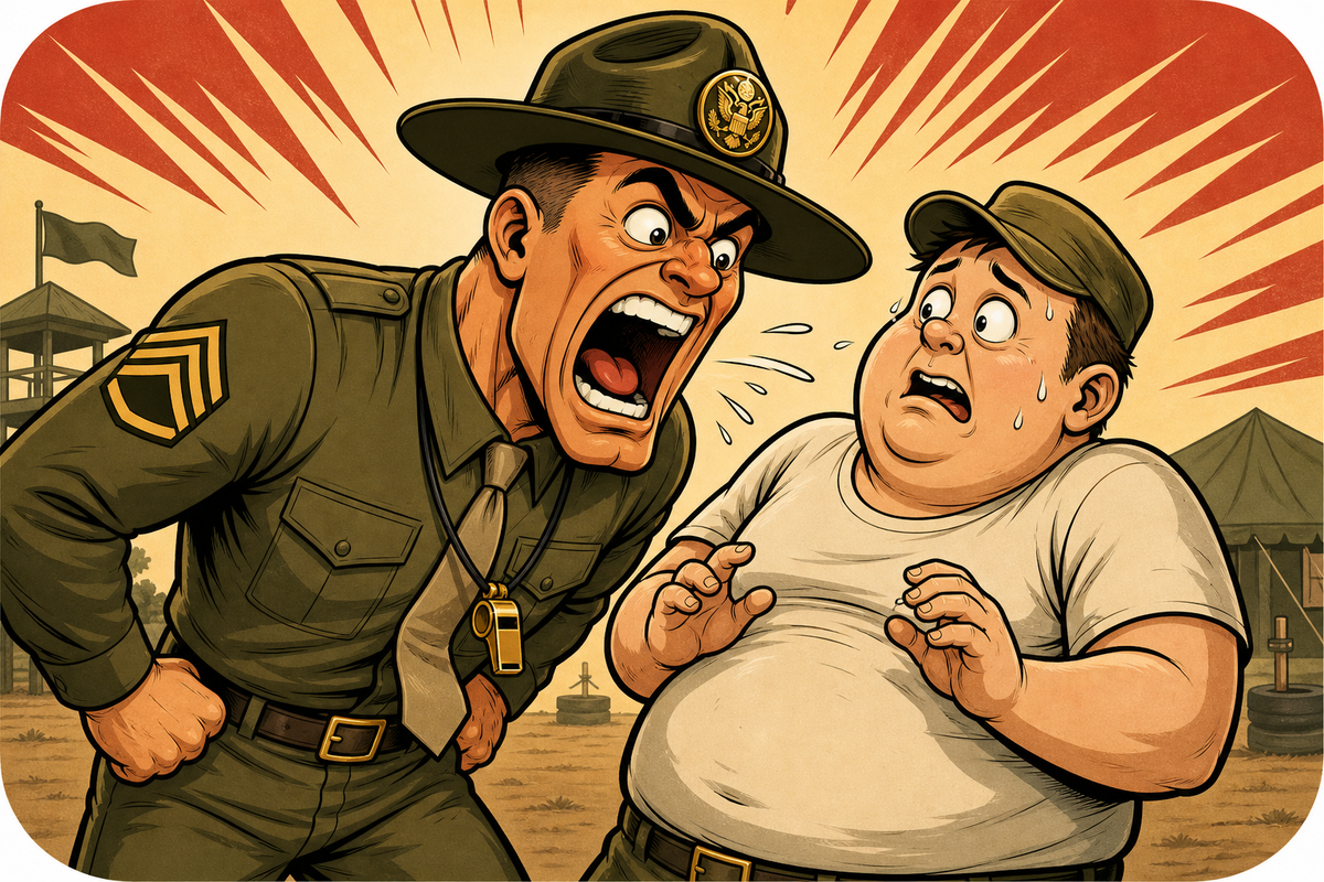 Comic illustration of a drill sergeant yelling encouragement during training