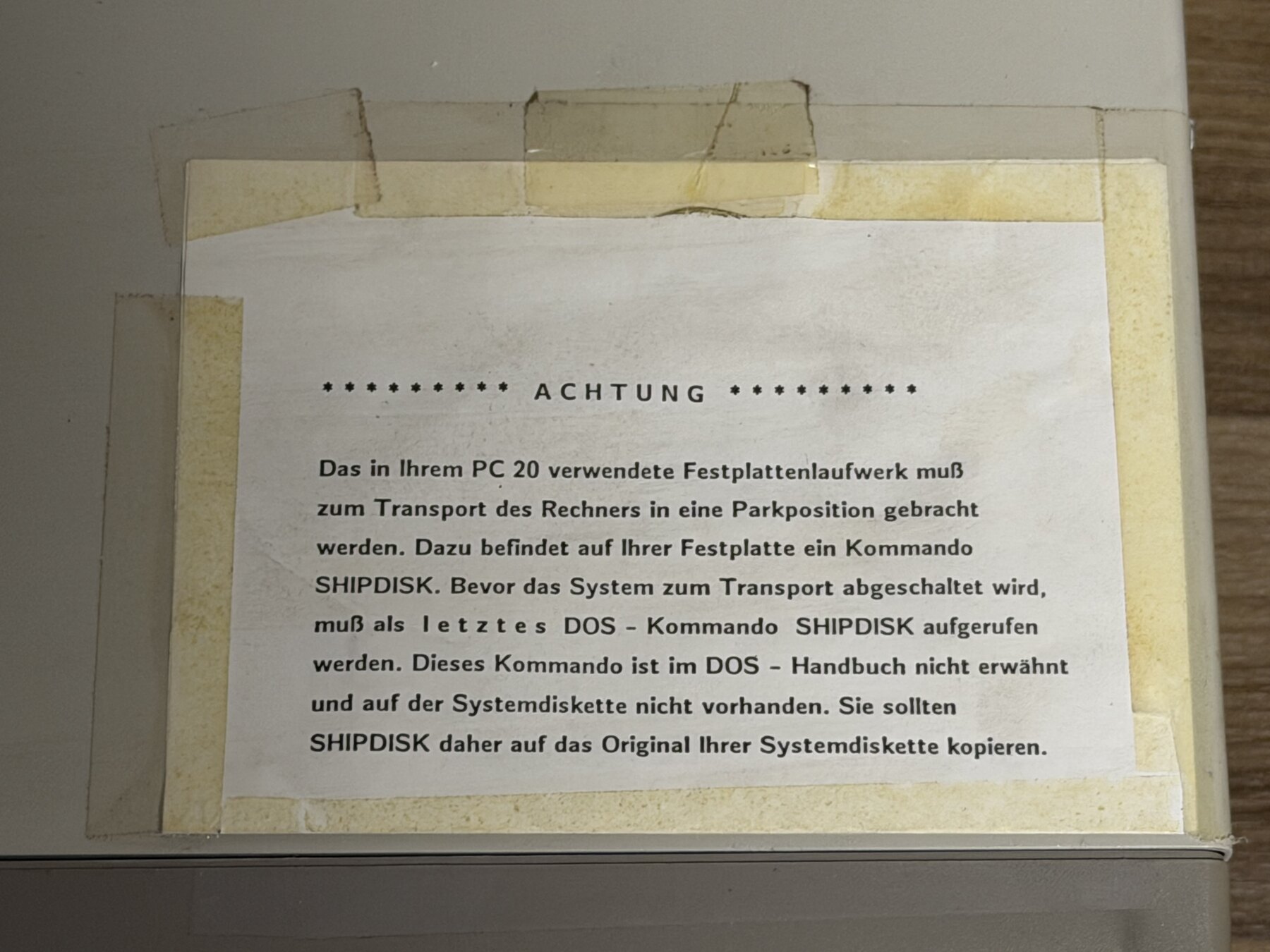 img2: Hinweis auf SHIPDISK zum Parken der Festplatte